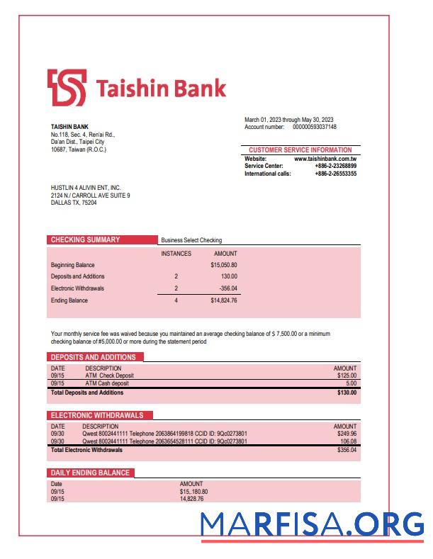 Premium Taishin Bank enterprise Kontoauszug Word and PDF Vorlage