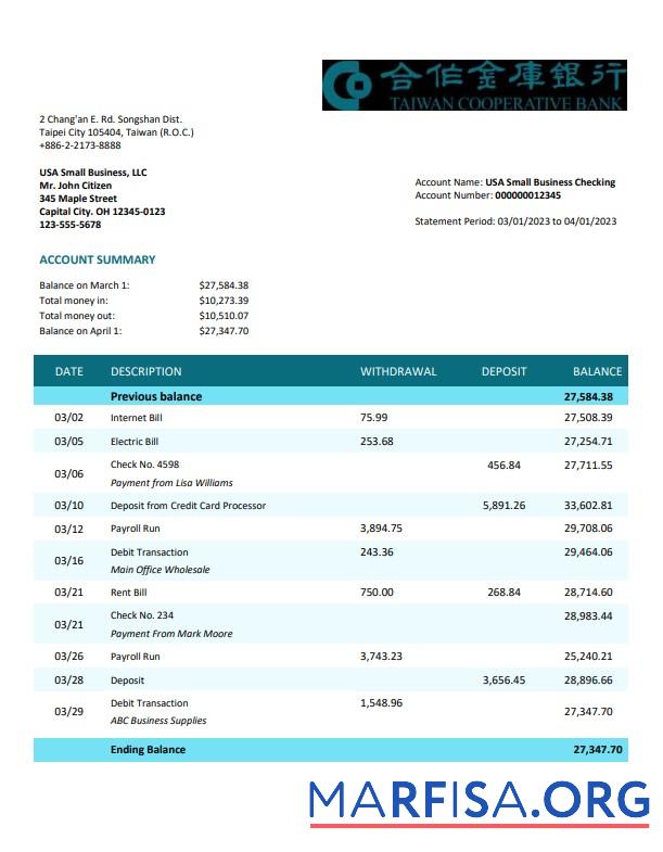 Professionell Taiwan Cooperative Bank organization Kontoauszug Word and PDF Vorlage