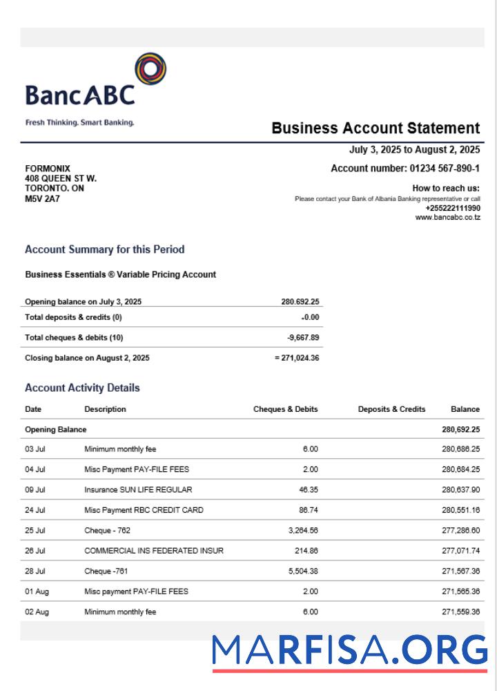 Bearbeitbar Tansania BancABC organization Kontoauszug Word and PDF Vorlage