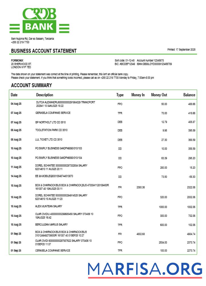 Professionell Tansania CRDB Unternehmen checking Konto Kontoauszug Word and PDF Vorlage