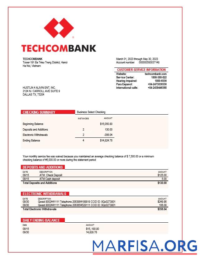 Professionell Techcombank corporate checking Konto Kontoauszug Word and PDF Vorlage