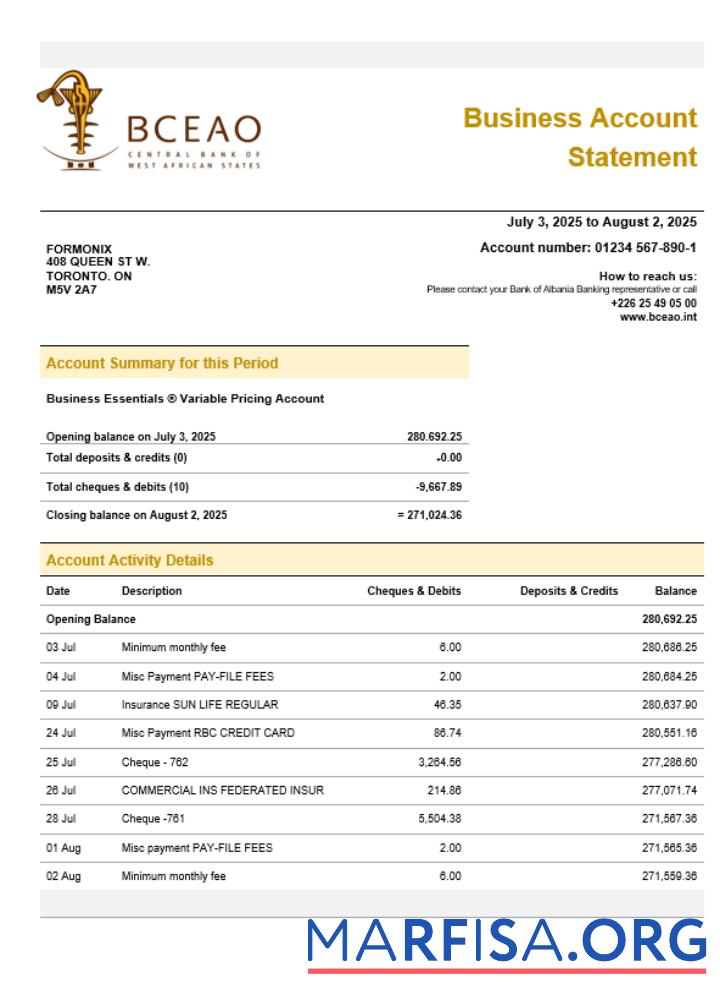 The Central Bank of West African States organization checking Konto Kontoauszug Word and PDF Format Vorlage