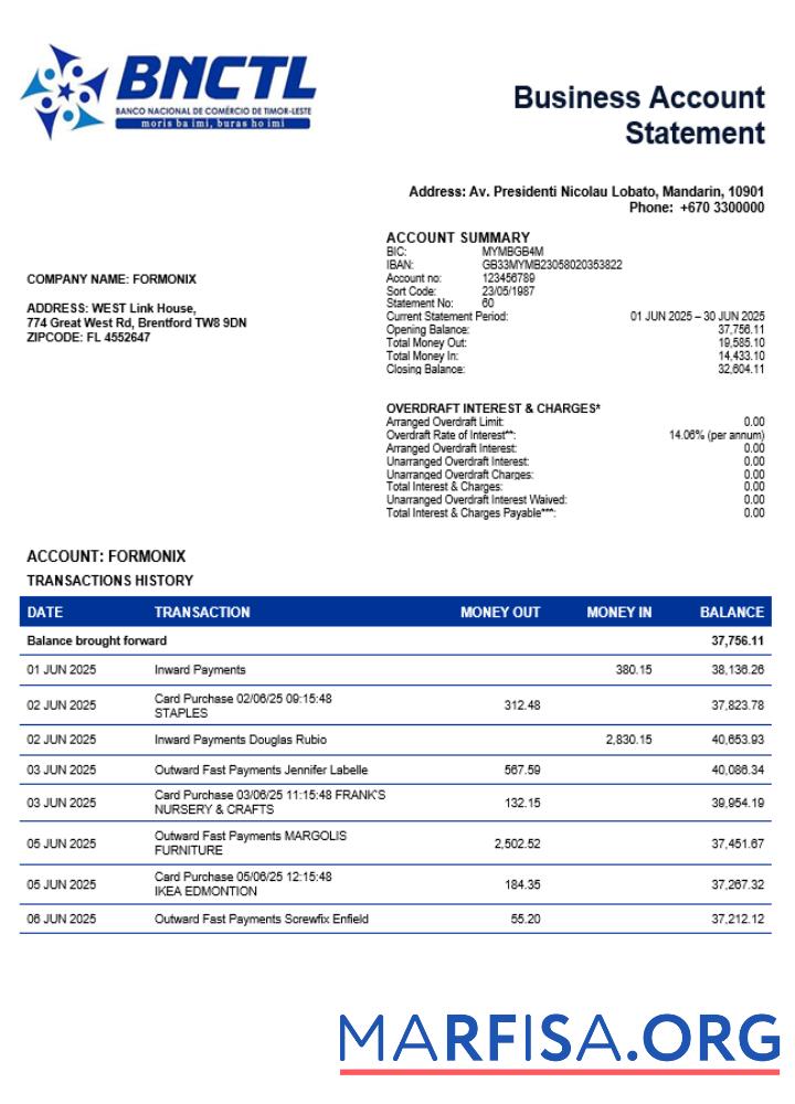 Premium Timor Leste BNCTL firm Konto Kontoauszug Word and PDF Vorlage