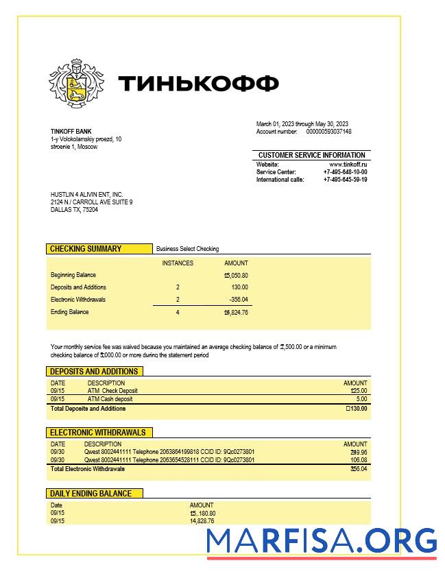 Hohe Qualität Tinkoff Bank firm Kontoauszug Word and PDF Vorlage