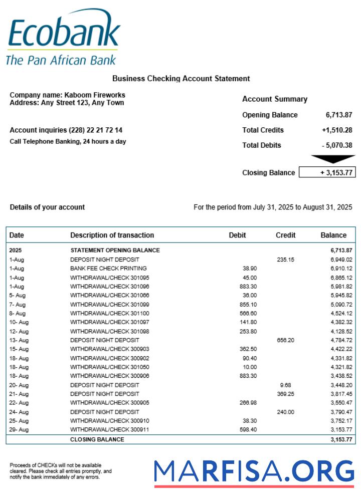 Premium Togo Ecobank organization checking Konto Kontoauszug Word and PDF Vorlage