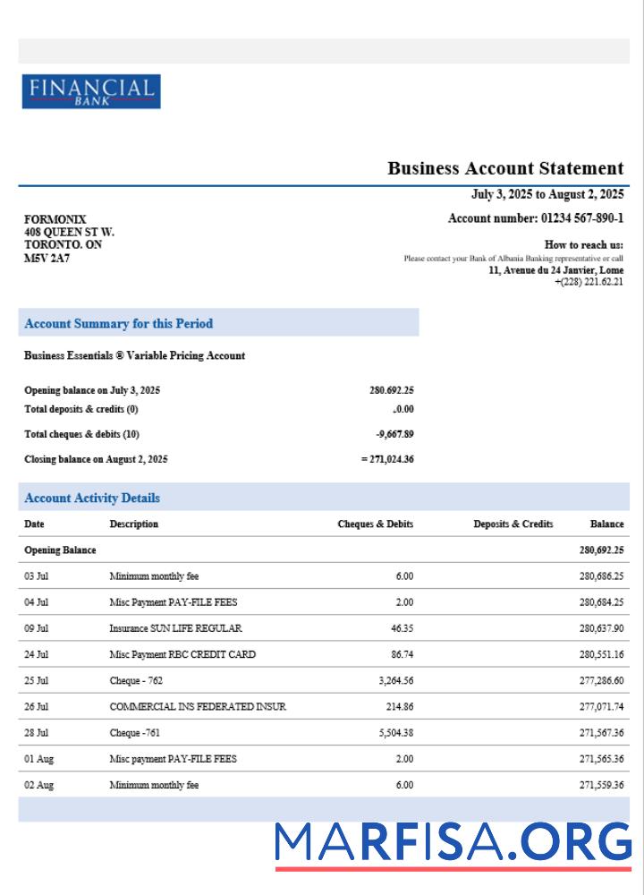 Hohe Qualität Togo Financial Bank corporate Konto Kontoauszug Word and PDF Vorlage