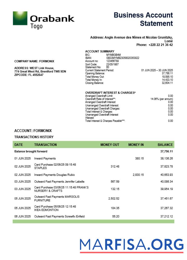 Togo Orabank Geschäft firm Kontoauszug Word and PDF Format Mockup