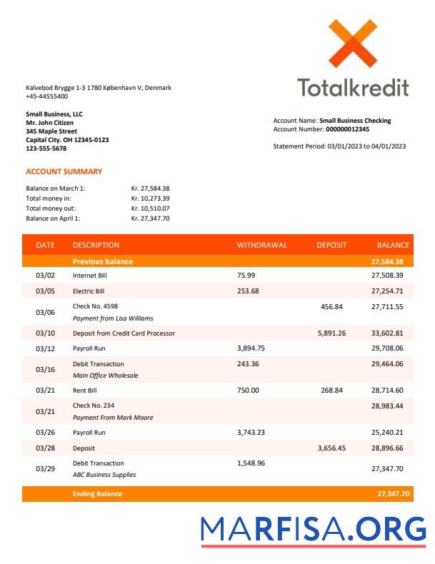 Totalkredit Bank organization Konto Kontoauszug Word and PDF Vorlage