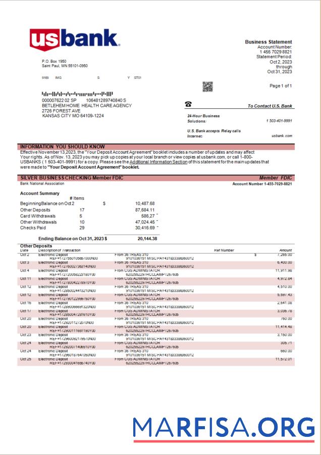 Premium U.S. Bank organization Konto Kontoauszug Word and PDF Vorlage