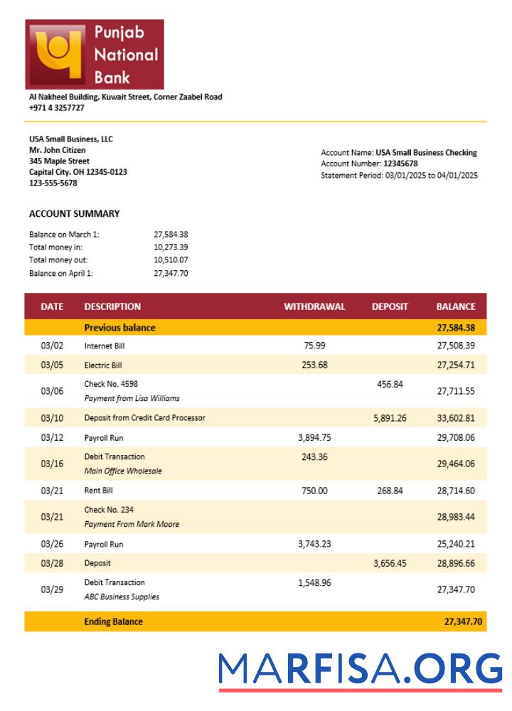 Premium VAE Dubai PNB enterprise Kontoauszug Word and PDF Vorlage