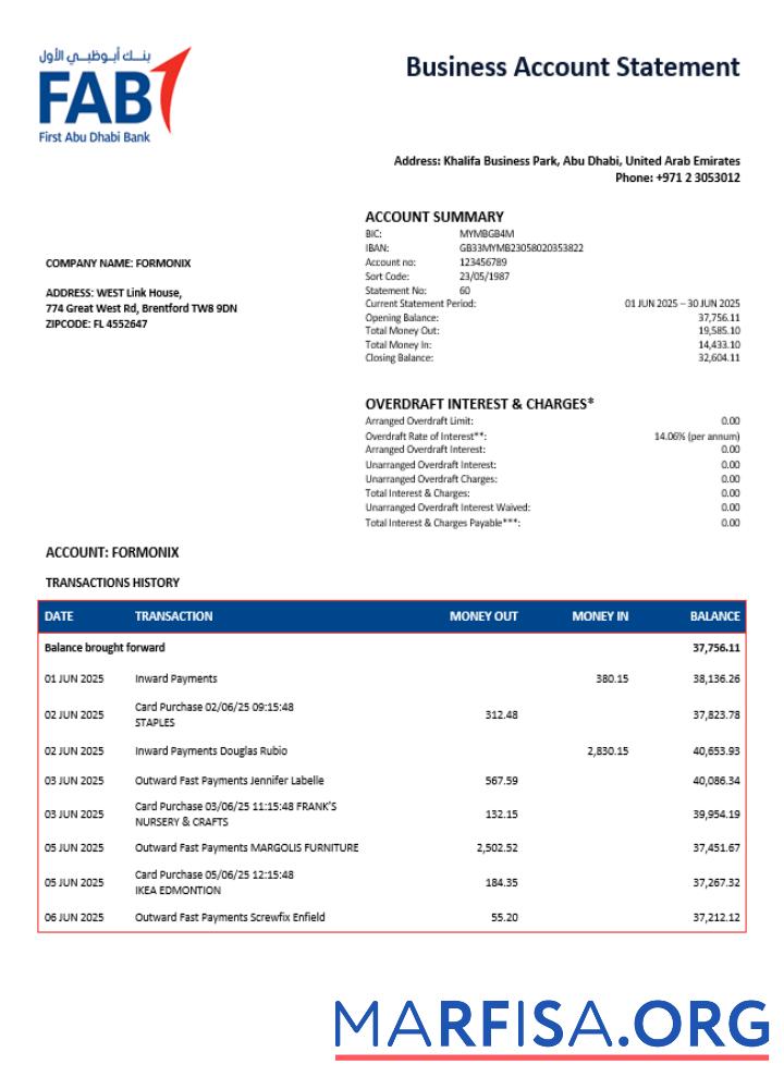 Premium VAE First Abu Dhabi firm Konto Kontoauszug Word and PDF Vorlage