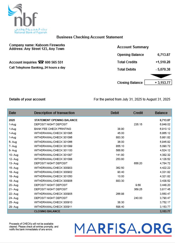 Bearbeitbar VAE Fujeirah National Bank (NFB) organization checking Konto Kontoauszug Word and PDF Vorlage