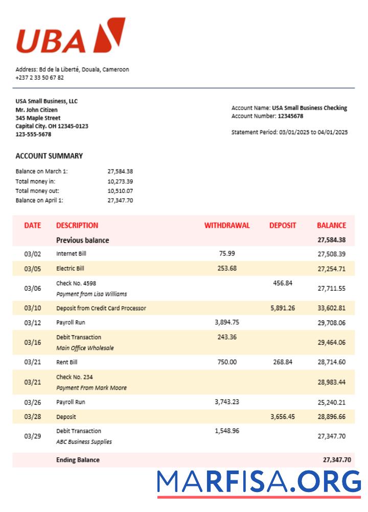 UBA Unternehmen Kontoauszug Word and PDF Format Design