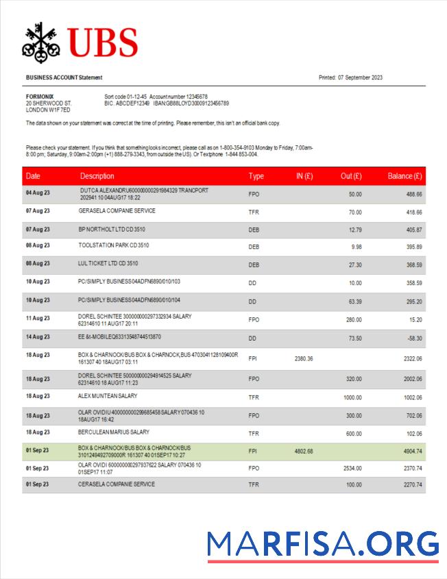 Bearbeitbar UBS Bank corporate checking Konto Kontoauszug Word and PDF Vorlage