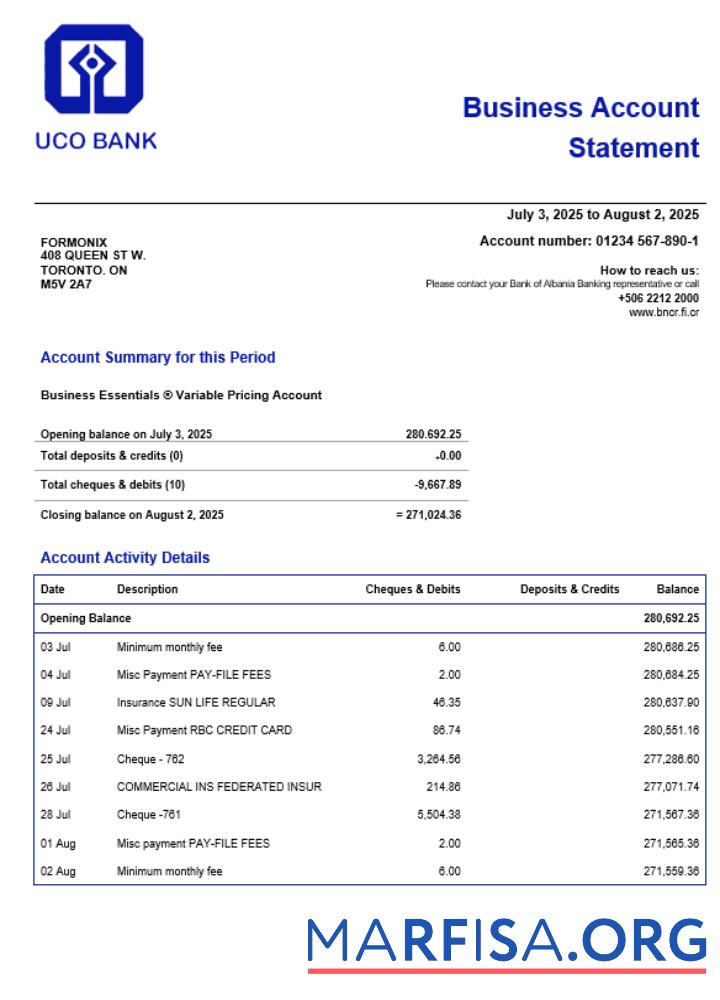 UCO Bank Unternehmen checking Konto Kontoauszug Word and PDF Format Vorschau