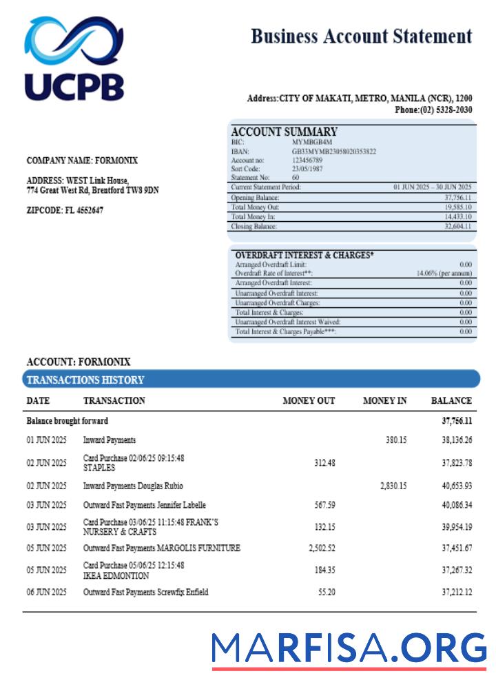 UCPB Bank Unternehmen Kontoauszug Word and PDF Format Design