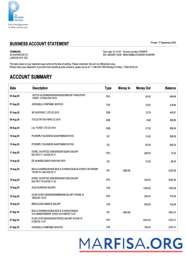 Professionell Vereinigtes Königreich The Pension Service firm Konto Kontoauszug Word and PDF Vorlage