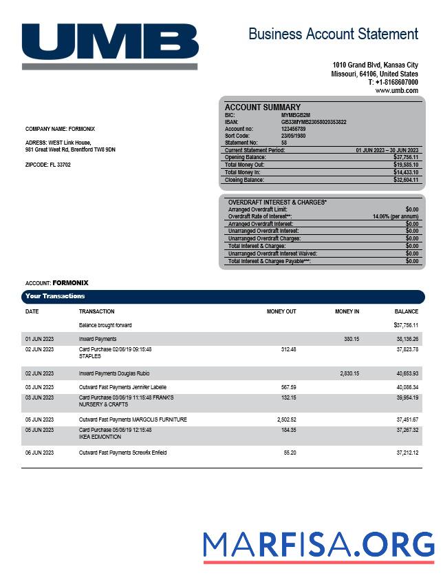 Premium UMB Bank enterprise Konto Kontoauszug Word and PDF Vorlage