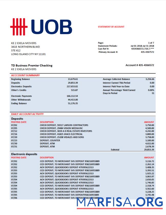 Professionell UOB (United Overseas Bank) firm Konto Kontoauszug Word and PDF Vorlage