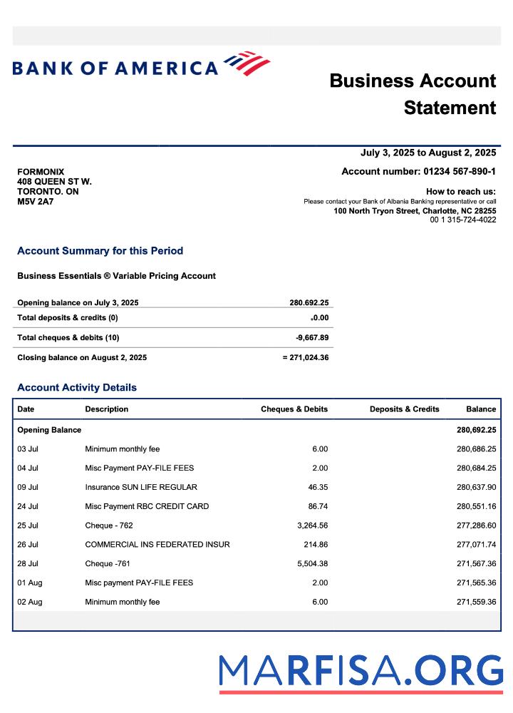 Bearbeitbar US Bank of Amerika enterprise Kontoauszug Word and PDF Vorlage