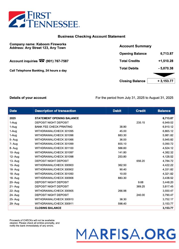 Premium US First Tennessee Geschäft checking Konto Kontoauszug Word and PDF Vorlage