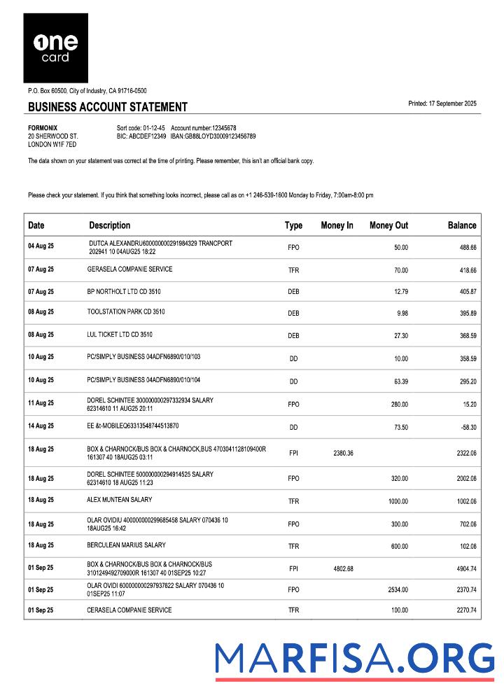 Hohe Qualität USA 1One Karte enterprise Kontoauszug Word and PDF Vorlage