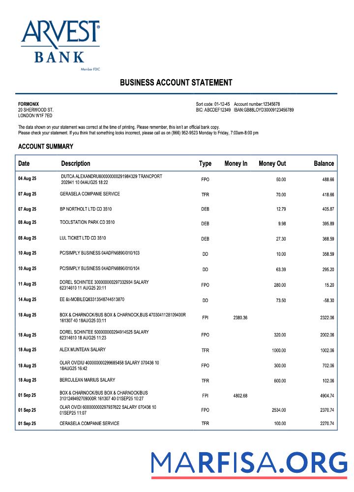 Hohe Qualität USA Arvest enterprise Kontoauszug Word and PDF Vorlage