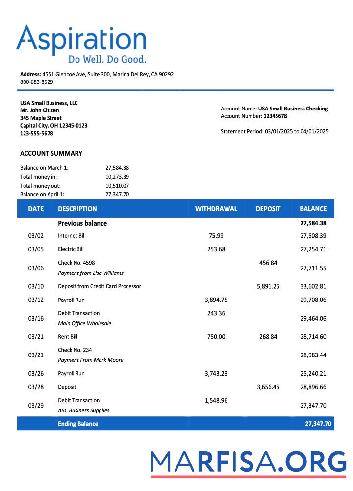 Realistisch USA Aspirationfirm Konto Kontoauszug Word and PDF Vorlage