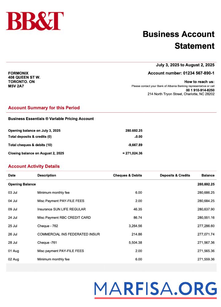 Bearbeitbar USA BB&T Corp firm Konto Kontoauszug Word and PDF Vorlage