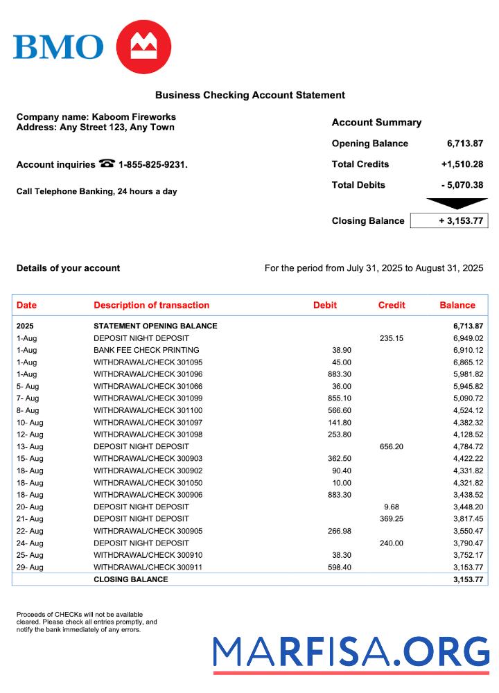 Premium USA BMO Bank of Montreal Geschäft checking Konto Kontoauszug Word and PDF Vorlage 2