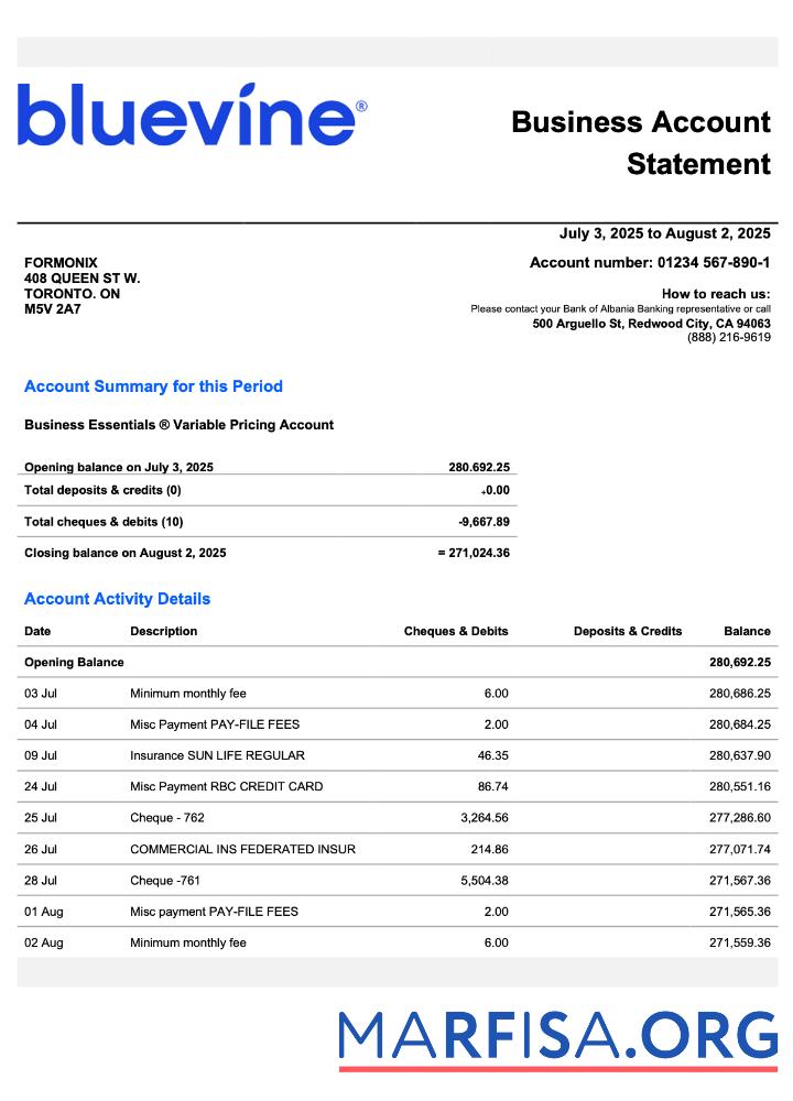 Professionell USA California BlueVine Geschäft checking Konto Kontoauszug Word and PDF Vorlage
