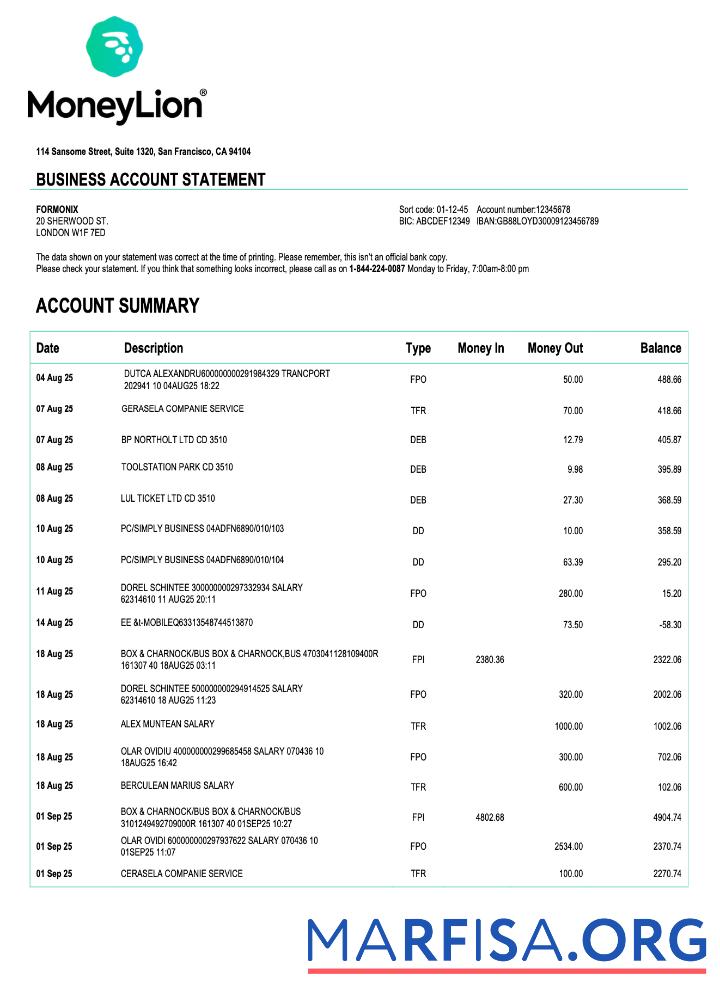 Premium USA California MoneyLion enterprise Konto Kontoauszug Word and PDF Vorlage