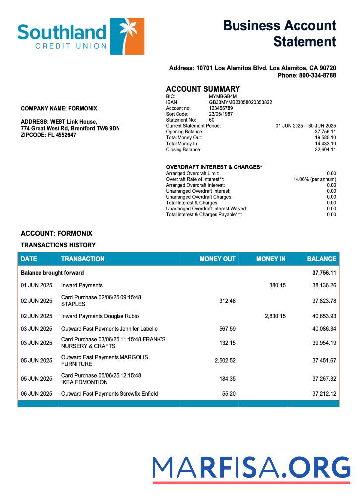 Premium USA California Southland Kredit Union Geschäft checking Konto Kontoauszug Word and PDF Vorlage