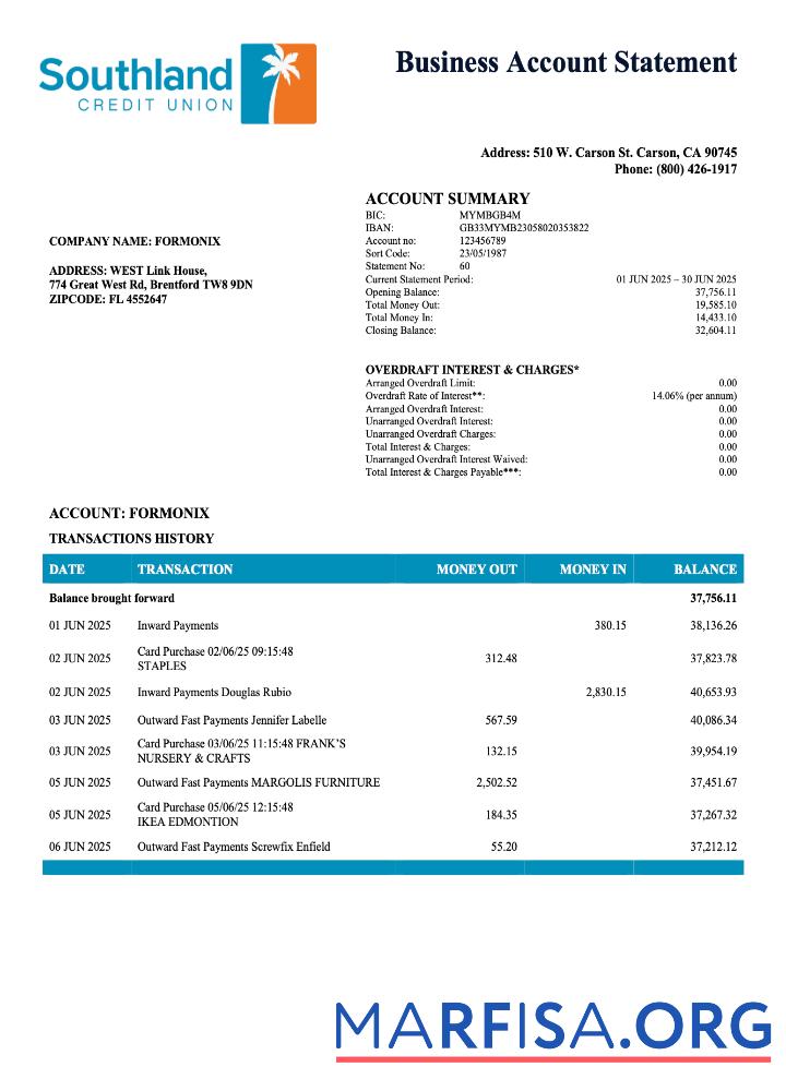 USA California Southland Kredit Union enterprise Kontoauszug Word and PDF Format Vorschau