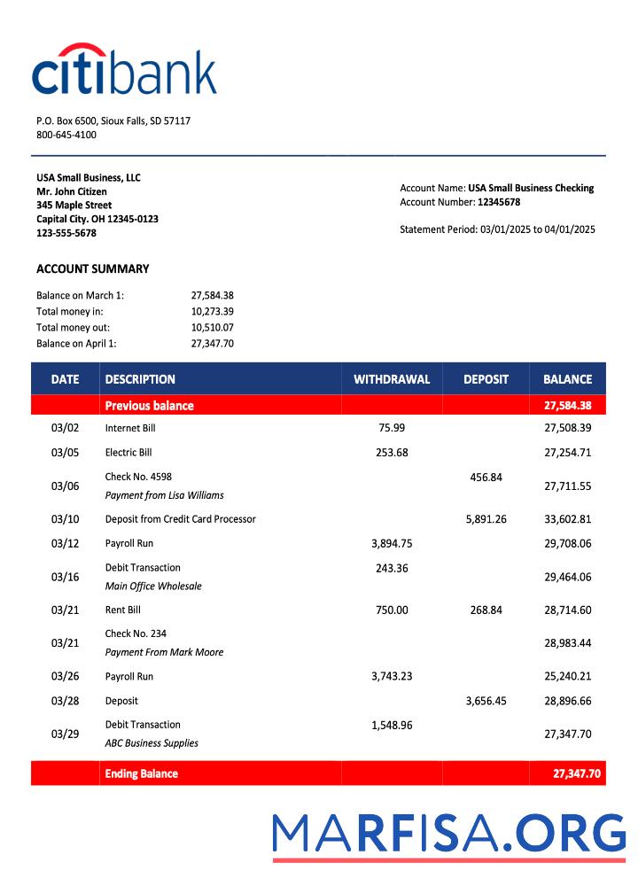 Realistisch USA Citibank organization Kontoauszug Word and PDF Vorlage