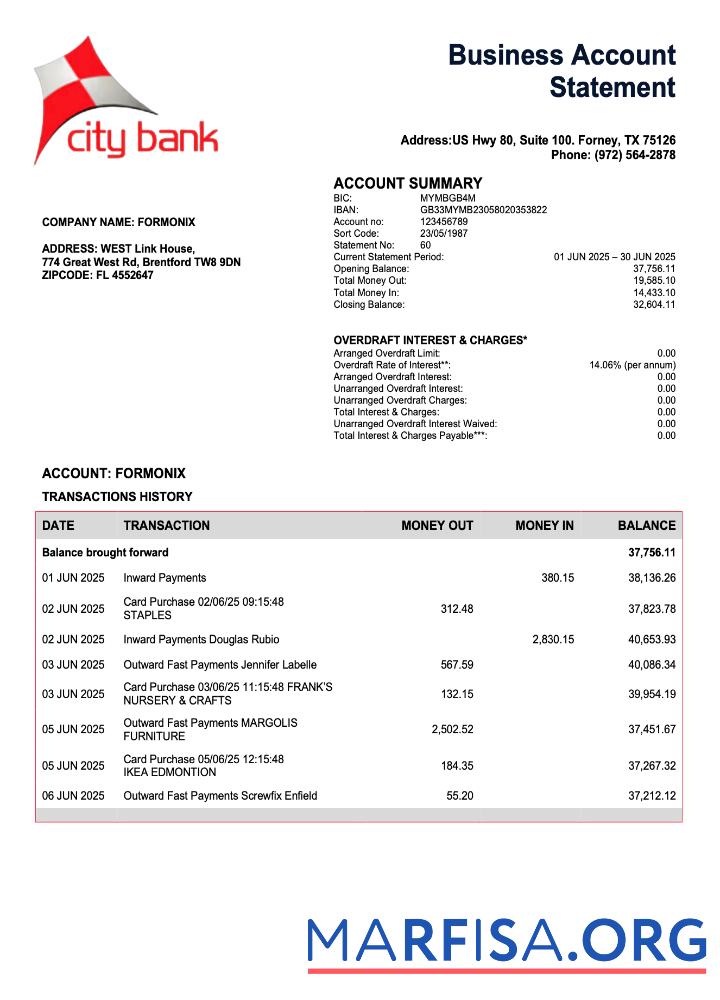 Realistisch USA City Bank enterprise Kontoauszug Word and PDF Vorlage