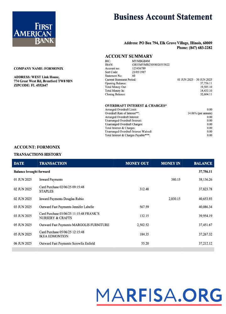 Bearbeitbar USA First Amerika Bank Unternehmen checking Konto Kontoauszug Word and PDF Vorlage