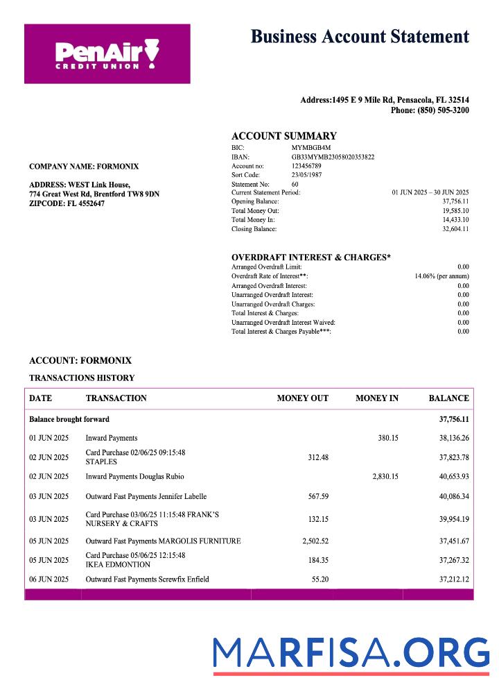 Professionell USA Florida PenAir Kredit Union organization Kontoauszug Word and PDF Vorlage