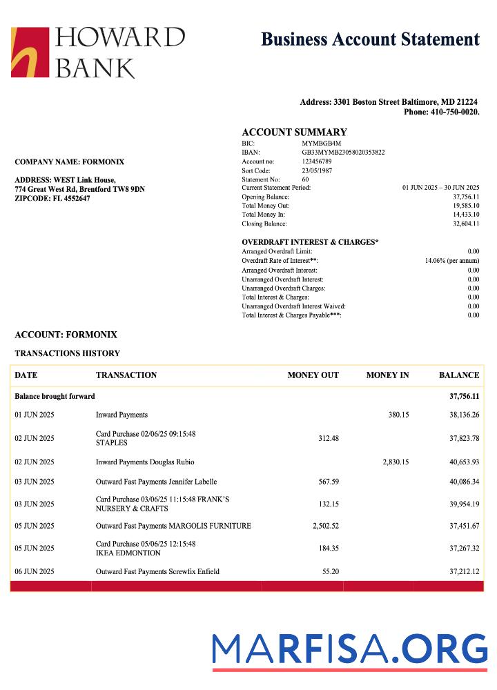 Hohe Qualität USA Howard corporate Kontoauszug Word and PDF Vorlage