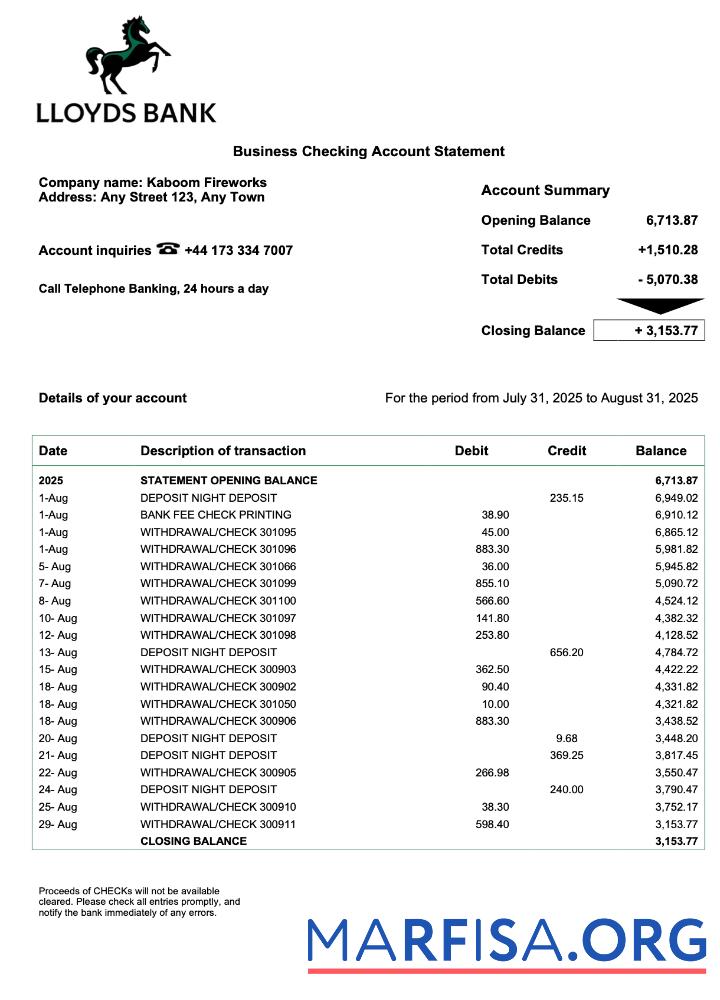 Premium USA Lloyds enterprise Konto Kontoauszug Word and PDF Vorlage