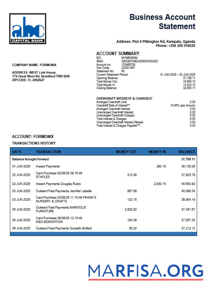 Uganda ABC Bank of Uganda enterprise Kontoauszug Word and PDF Format Design