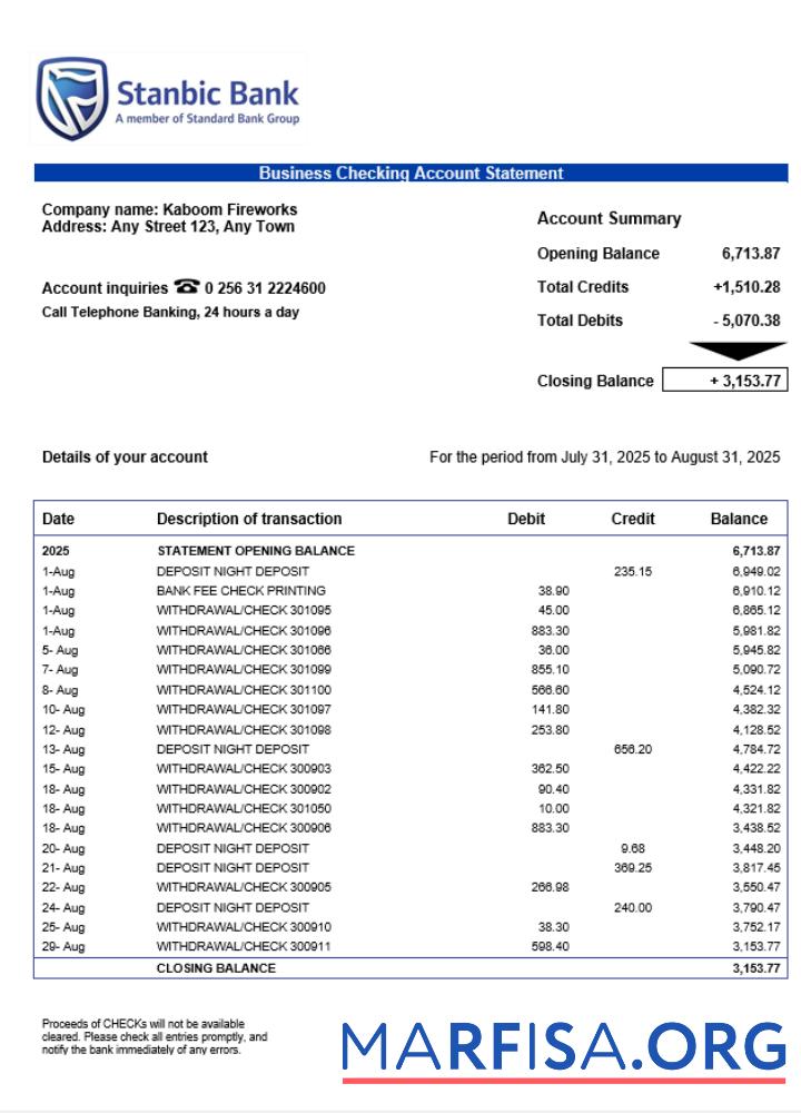 Bearbeitbar Uganda Stanbic firm Konto Kontoauszug Word and PDF Vorlage