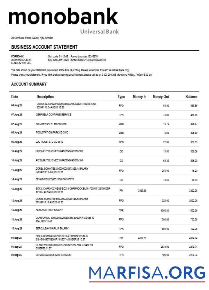 Hohe Qualität Ukraine Monobank enterprise Konto Kontoauszug Word and PDF Vorlage