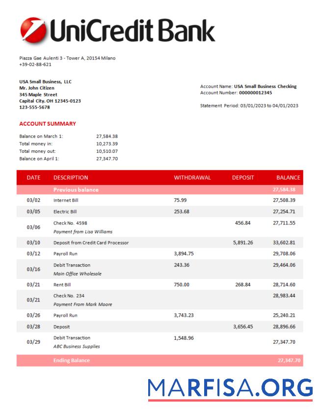 Premium Unicredit Bank corporate Kontoauszug Word and PDF Vorlage