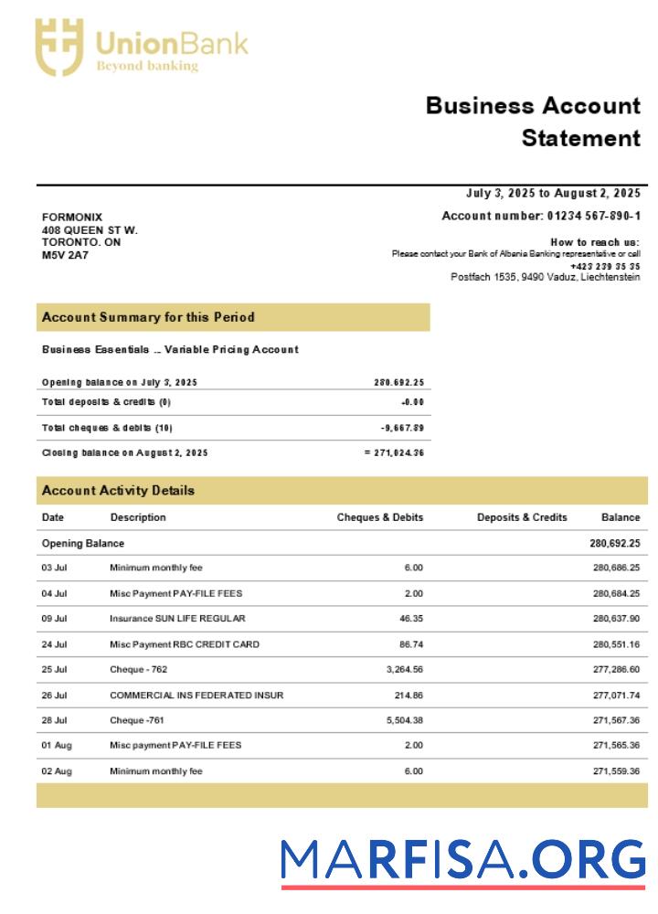 Hohe Qualität Union Bank AG Unternehmen checking Konto Kontoauszug Word and PDF Vorlage (1)