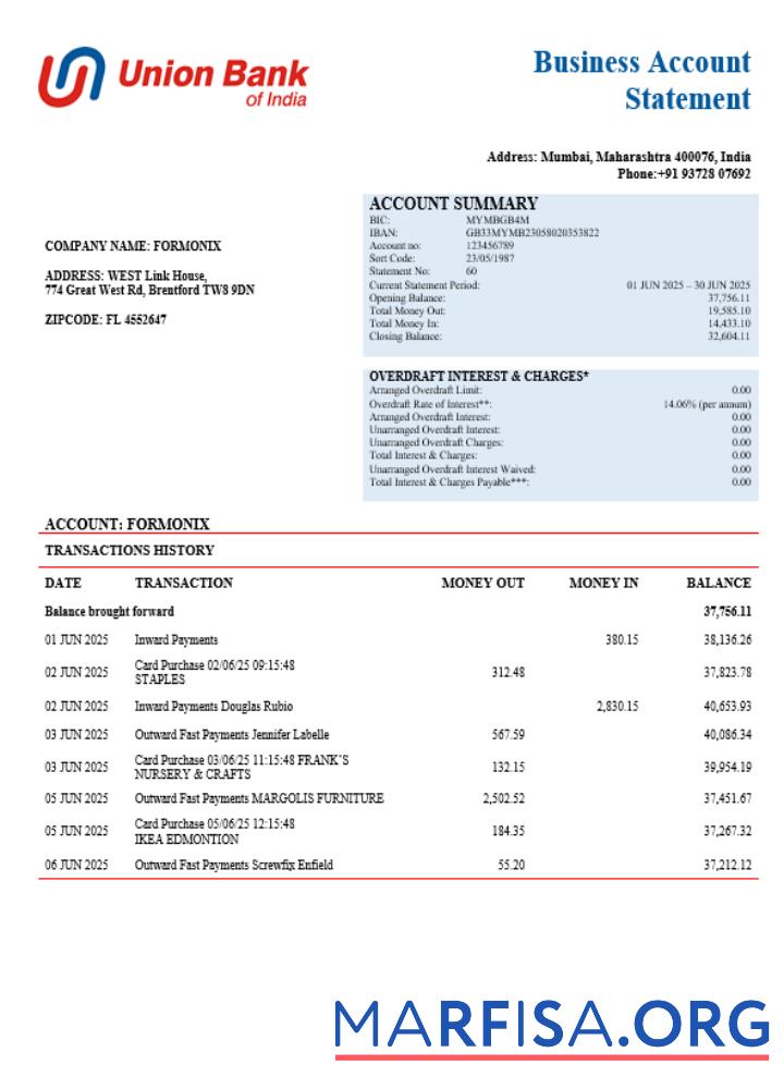 Union Bank of Indien Geschäft firm Kontoauszug Word and PDF Format Design