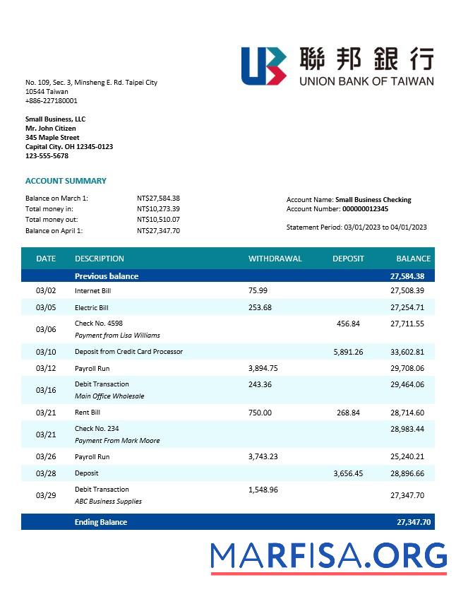 Realistisch Union Bank of Taiwan Unternehmen Konto Kontoauszug Word and PDF Vorlage