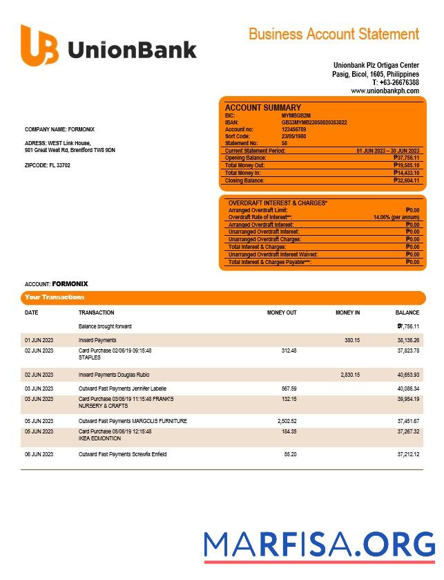 Bearbeitbar Union Bank of the Philippinen Geschäft Kontoauszug Word and PDF Vorlage