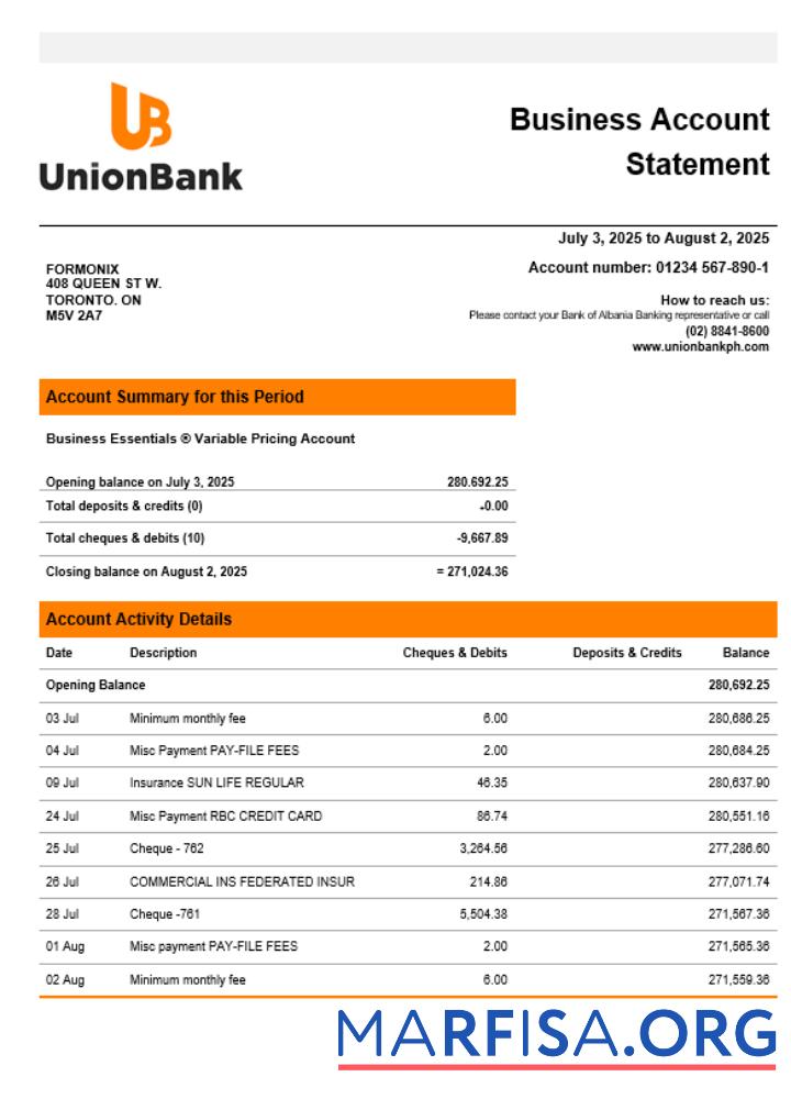 Unionbank Unternehmen Kontoauszug Word and PDF Format Probe