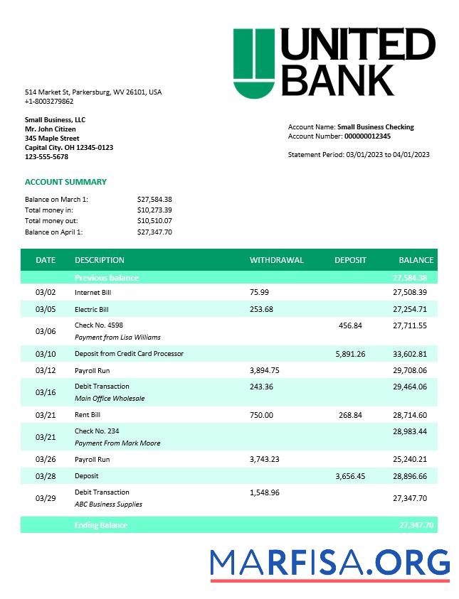 Realistisch United Bank enterprise Konto Kontoauszug Word and PDF Vorlage